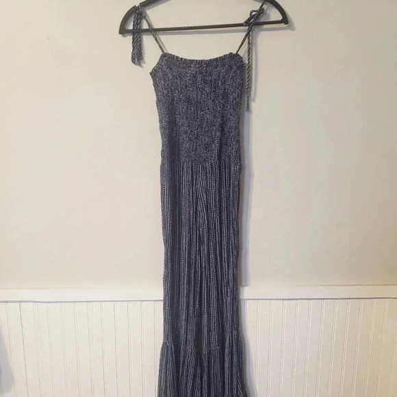 STORIA Deep Blue Floral Print Smocked Tiered Bell Bottom Jumpsuit - Picture 2 of 6